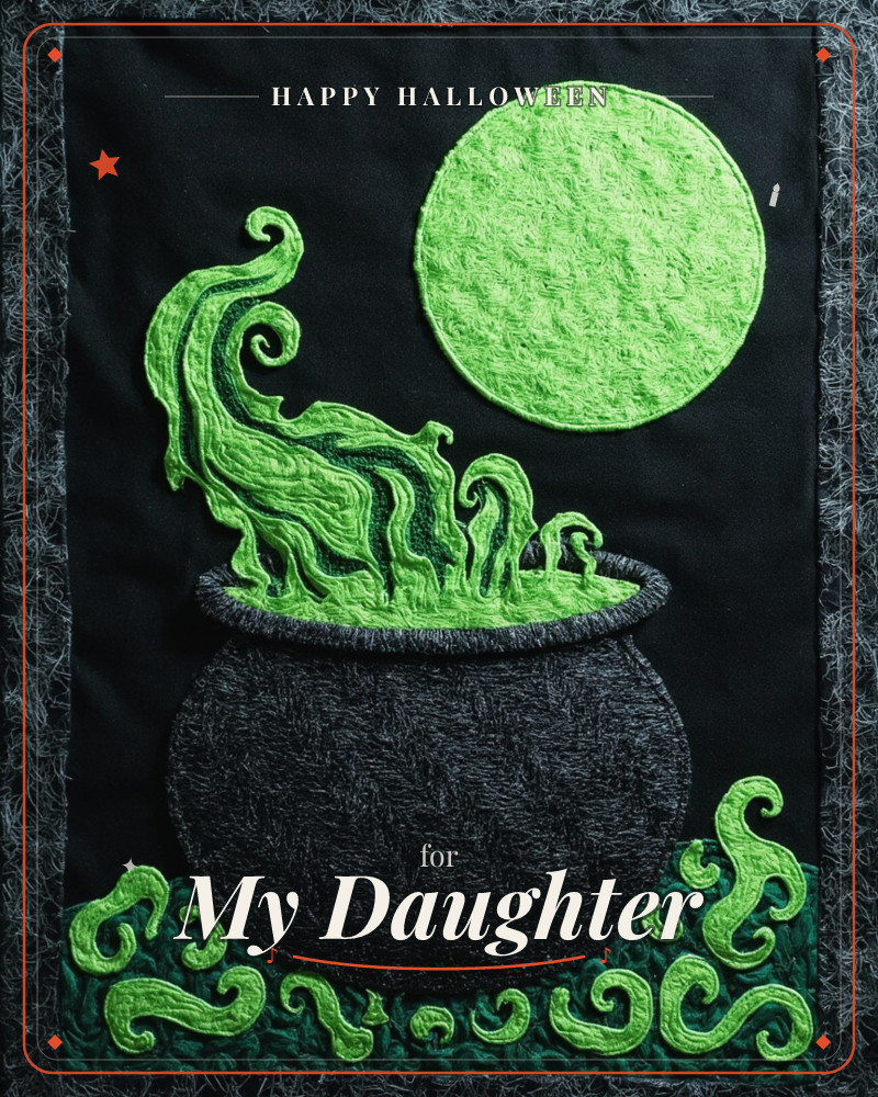A black cauldron bubbles with swirling acid-green smoke against a night sky, a round green moon glowing above, a halloween e-card design
