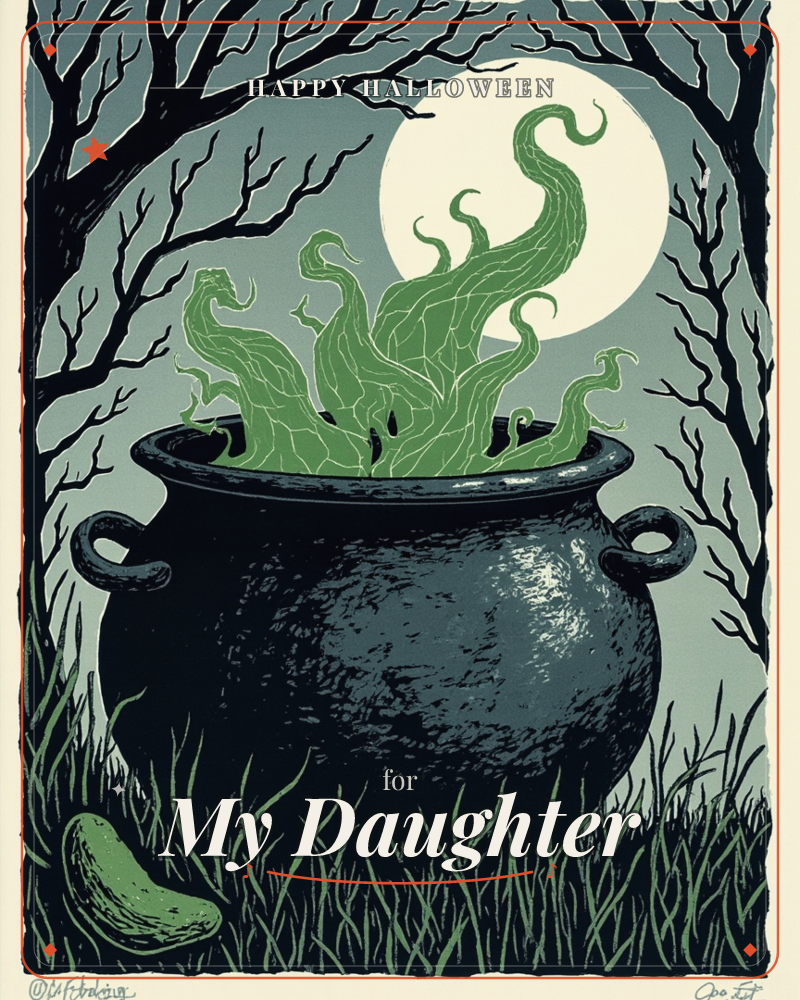 A black cauldron sits in tall grass beneath bare, twisting tree branches, with green vine-like tendrils curling up and out of it against a full moon, a halloween e-card design