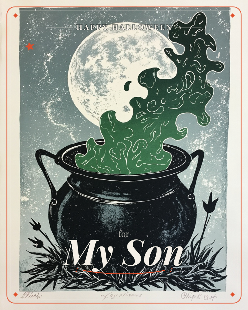 A black cauldron sits in a tuft of dark grass beneath a full, textured moon, with a thick plume of green magical smoke curling up and out of the pot…, a halloween e-card design