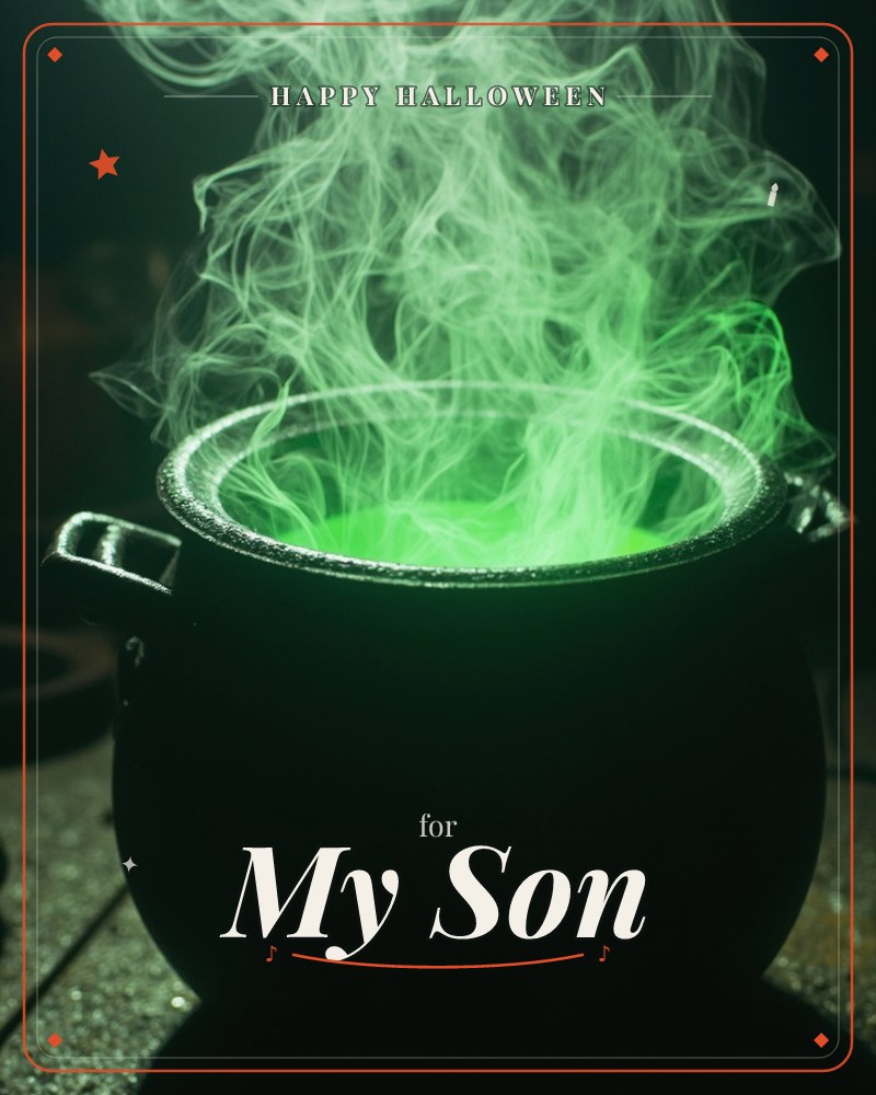 A black cast-iron cauldron sits against total darkness, its rim catching a faint metallic gleam while thick tendrils of eerie green smoke curl and…, a halloween e-card design