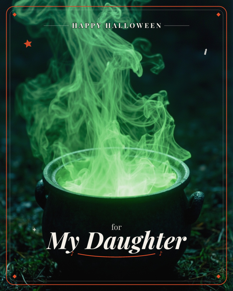 A black cauldron sits in darkness, glowing green smoke billowing up from within and curling into eerie tendrils against the black background, a halloween e-card design
