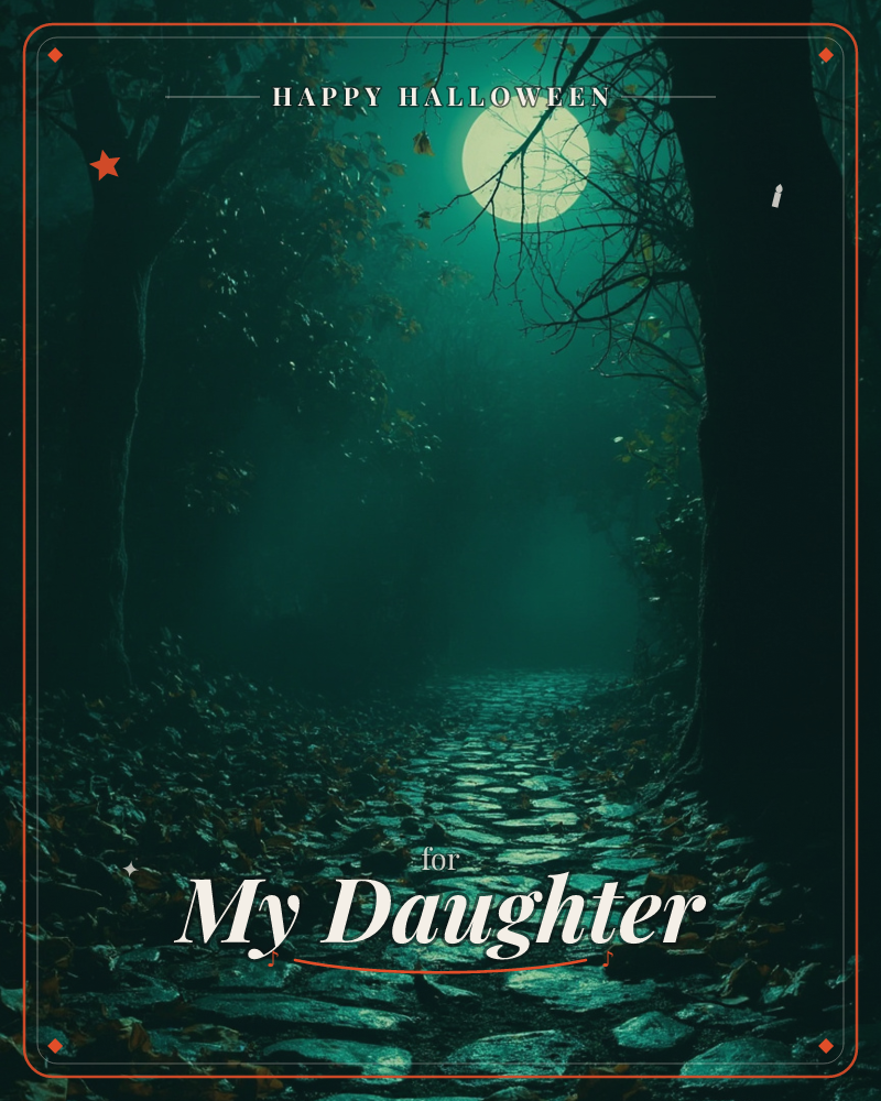 A misty forest path winds beneath a full moon glowing pale gold through bare branches, a halloween e-card design