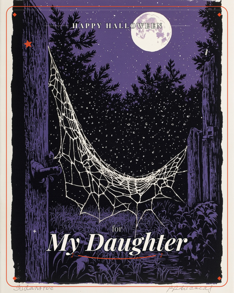 A large spiderweb stretches between two weathered wooden fence posts under a purple, star-flecked night sky, a halloween e-card design