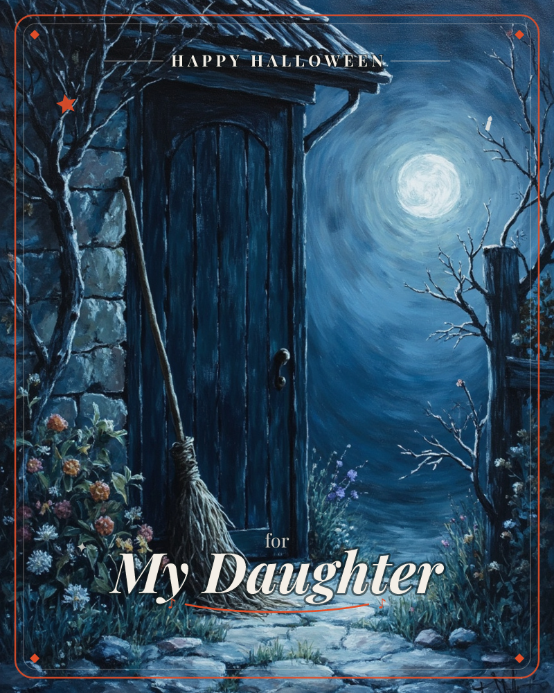 A stone cottage door stands closed beneath a moonlit night sky, an old broom leaning against its frame as if just set down, a halloween e-card design