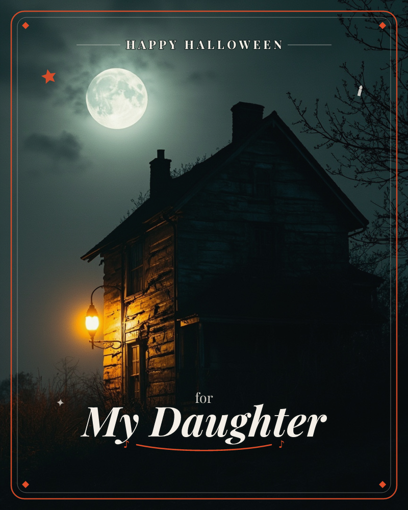 A weathered wooden farmhouse leans against a night sky, its silhouette lit only by a single lantern glowing beside a warped window, a halloween e-card design