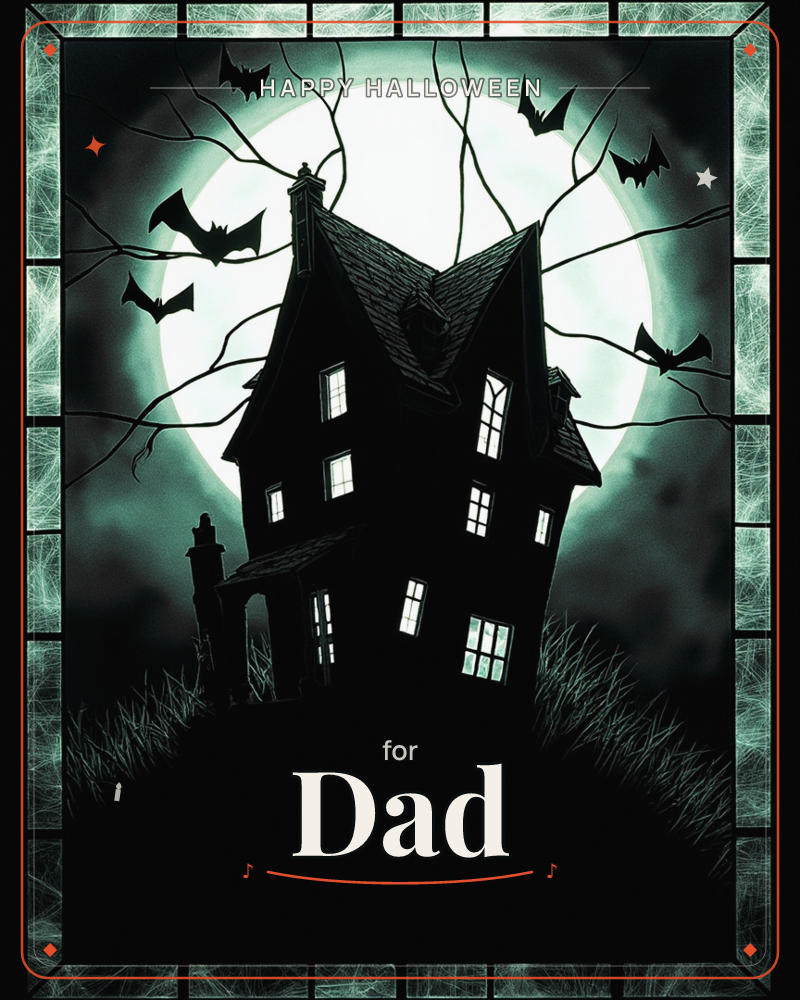 A crooked haunted house sits silhouetted on a grassy hill, its windows glowing pale green against a huge full moon behind it, a halloween e-card design