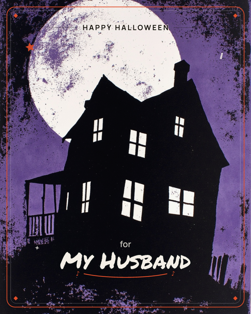 A silhouetted three-story house stands black against a huge glowing full moon and a mottled purple night sky, a halloween e-card design