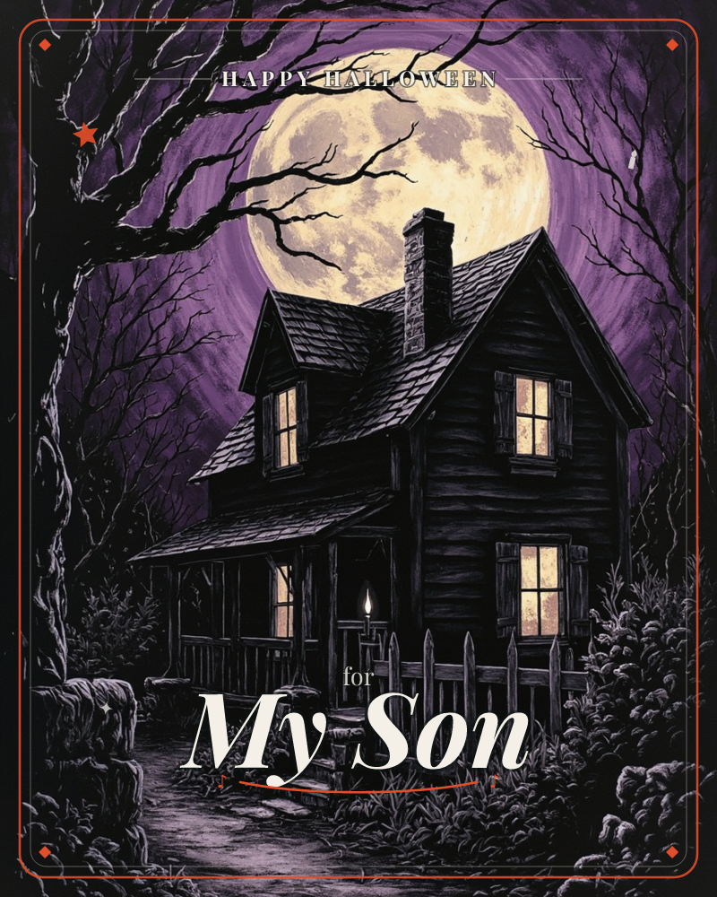 A weathered wooden farmhouse sits beneath a giant full moon that fills the purple night sky, its windows glowing warm amber against the dark silhouette…, a halloween e-card design