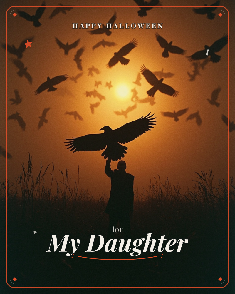 A silhouetted figure stands in tall grass, arm raised to release a large bird into a glowing amber sky, while a scattered flock wheels overhead against…, a halloween e-card design