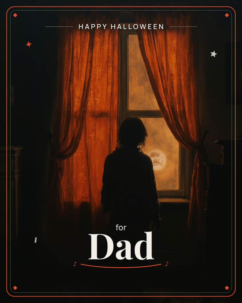 A woman stands silhouetted before a tall window, framed by heavy rust-orange curtains glowing with amber light, a halloween e-card design