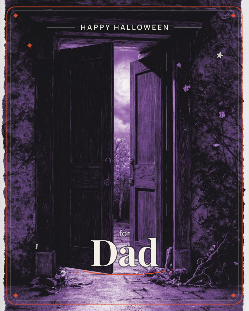 A pair of weathered wooden doors stands open in an old stone archway, revealing a misty garden path beyond, all rendered in a single deep purple…, a halloween e-card design