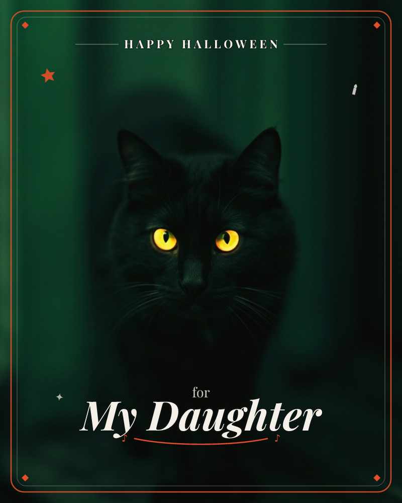A black cat sits facing forward against a deep green, shadowy background, its glowing amber-yellow eyes the only sharp point of focus in the whole image, a halloween e-card design