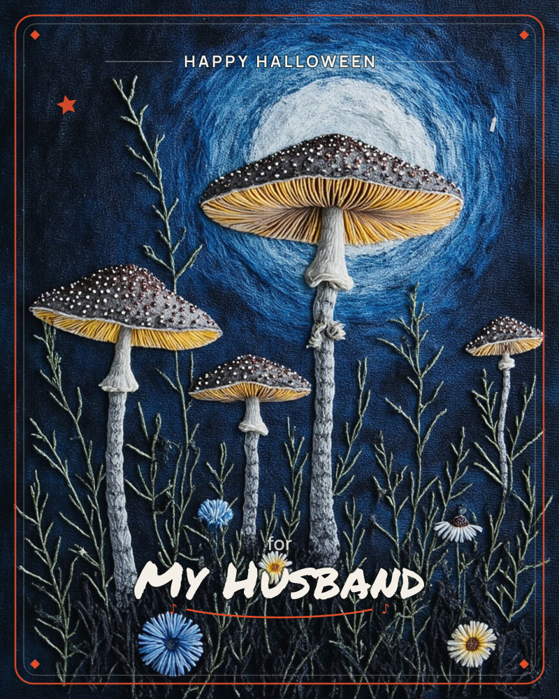 A cluster of tall speckled mushrooms with golden gills rises against a deep midnight-blue sky, a pale full moon glowing behind them like a halo, a halloween e-card design