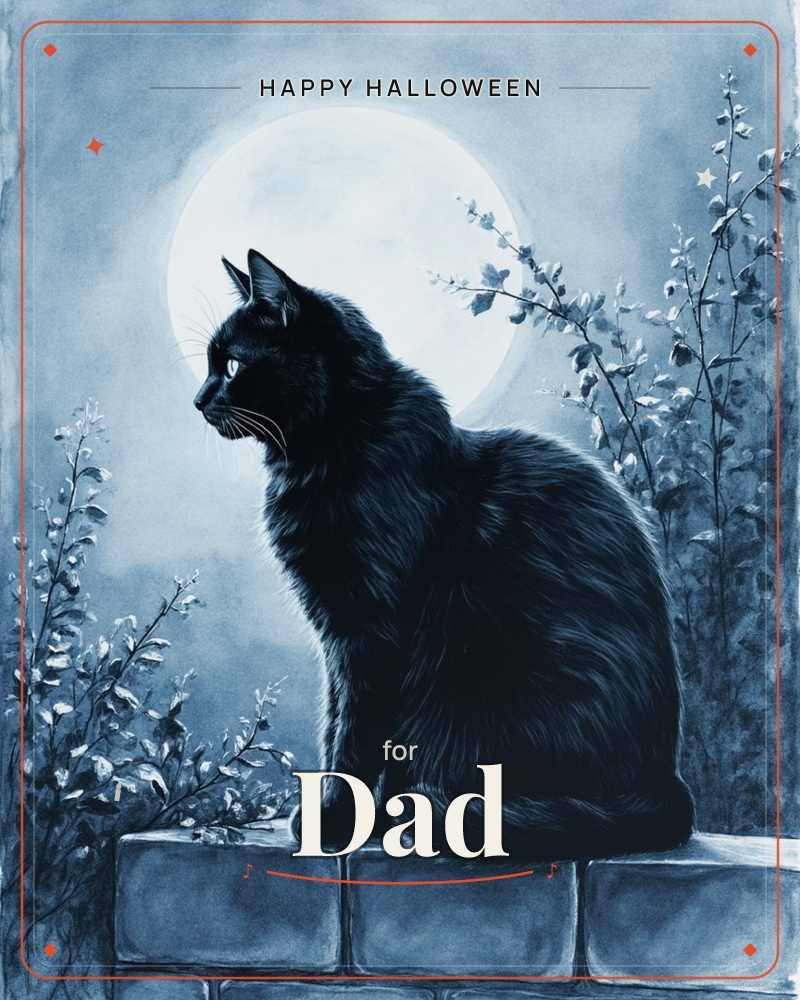 A black cat sits in profile atop a stone wall, silhouetted against a large full moon glowing softly through night mist, a halloween e-card design