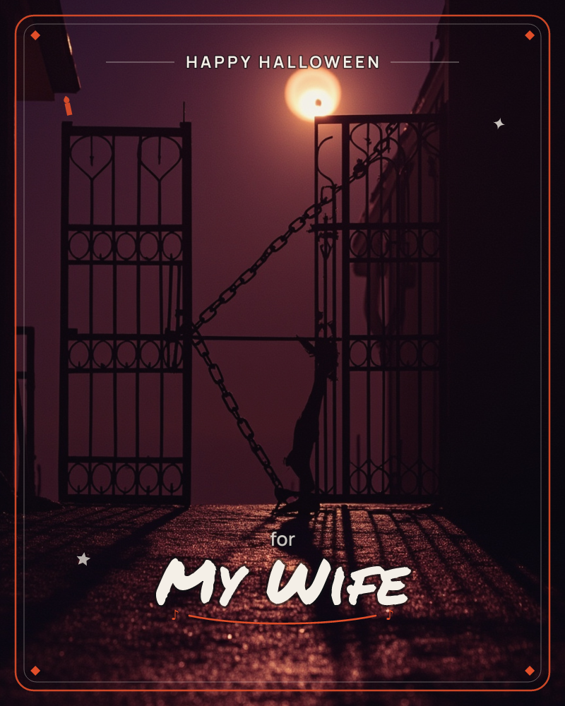 A wrought-iron gate stands chained shut in a narrow alley, its heart-shaped scrollwork silhouetted against a hazy, glowing full moon, a halloween e-card design