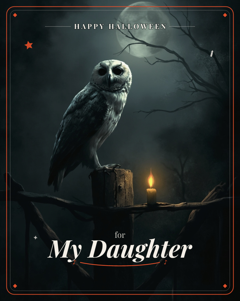 A pale barn owl perches on a weathered wooden post beneath a full moon, its dark hollow eyes fixed on the viewer, a halloween e-card design