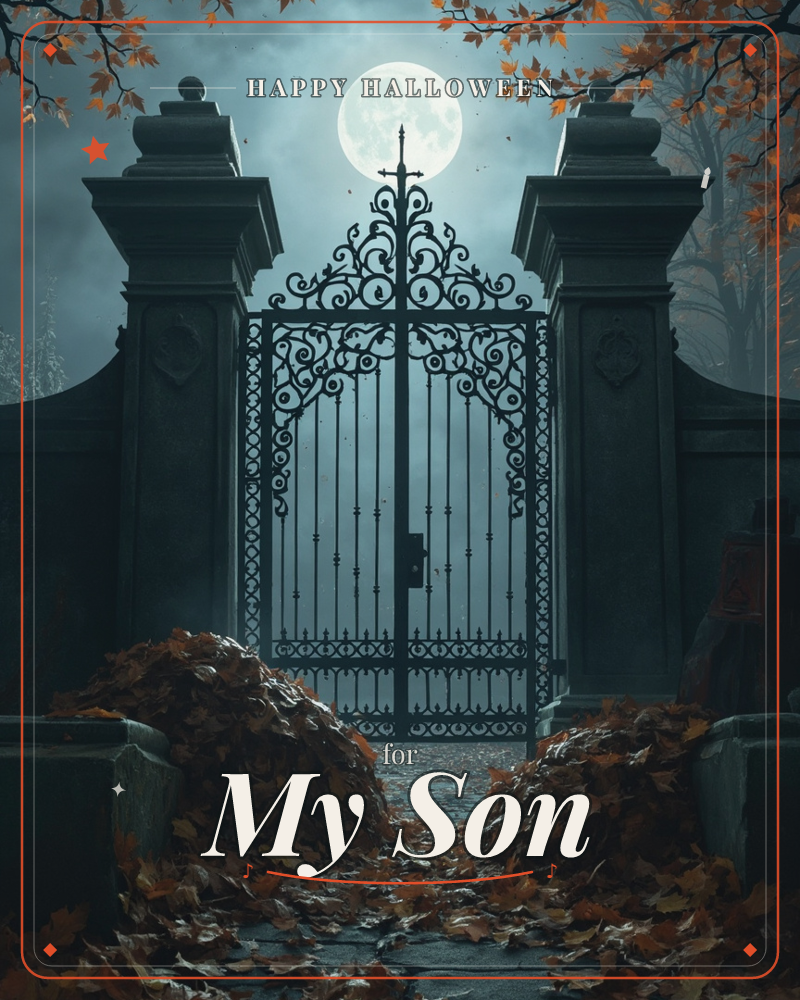 An ornate wrought-iron gate stands closed between two stone pillars, a full moon glowing directly behind its scrollwork, a halloween e-card design