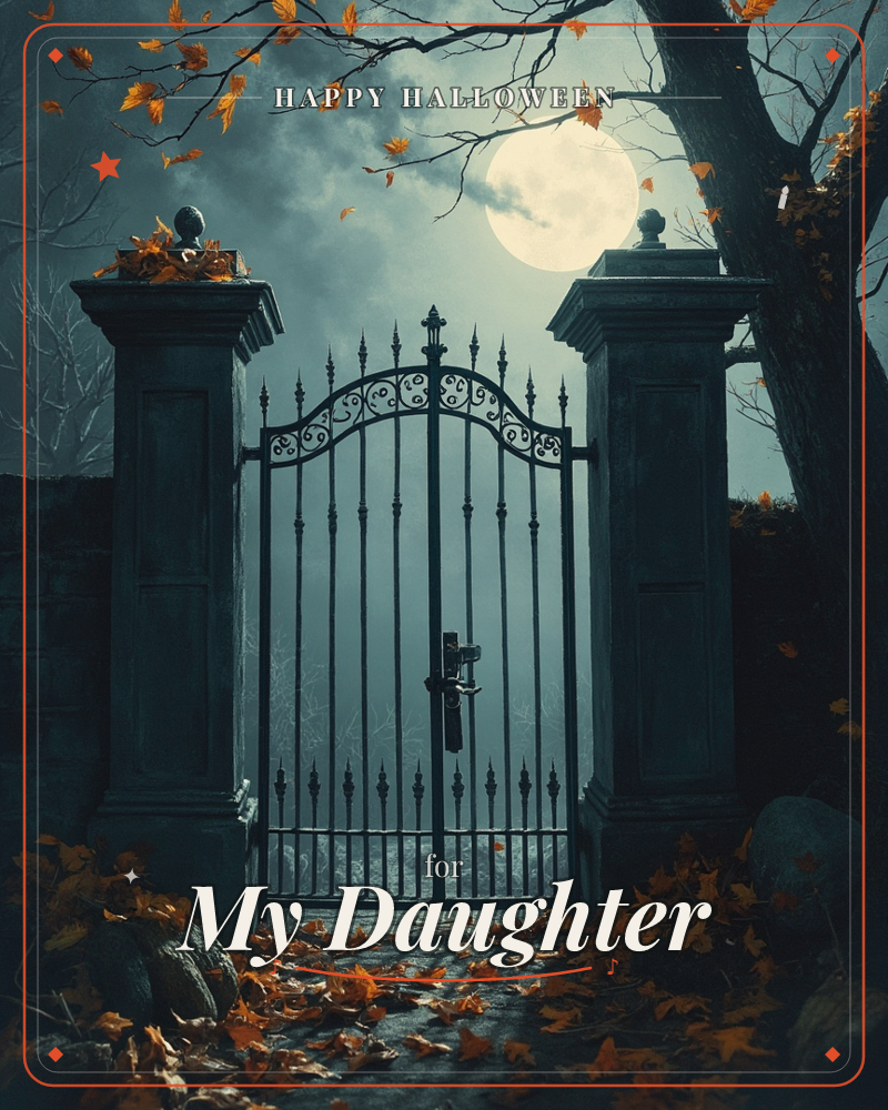 A wrought-iron gate stands closed between two stone pillars beneath a full moon veiled in fog, with bare branches and drifting orange leaves framing…, a halloween e-card design