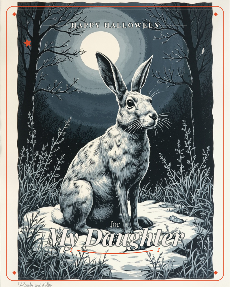 A large hare sits upright on a moonlit patch of ground, ears raised, watching alertly to the side, a halloween e-card design