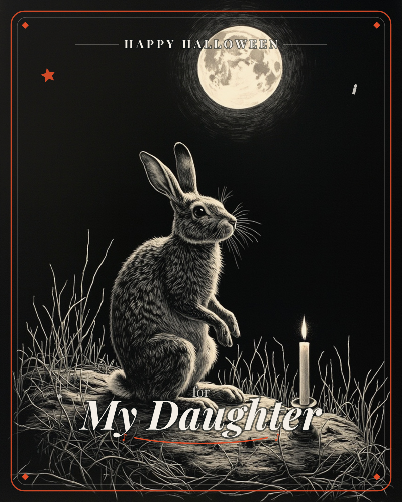 A rabbit sits upright on a rocky mound beneath a full moon, its fur rendered in fine scratchboard lines against pitch-black night, a halloween e-card design