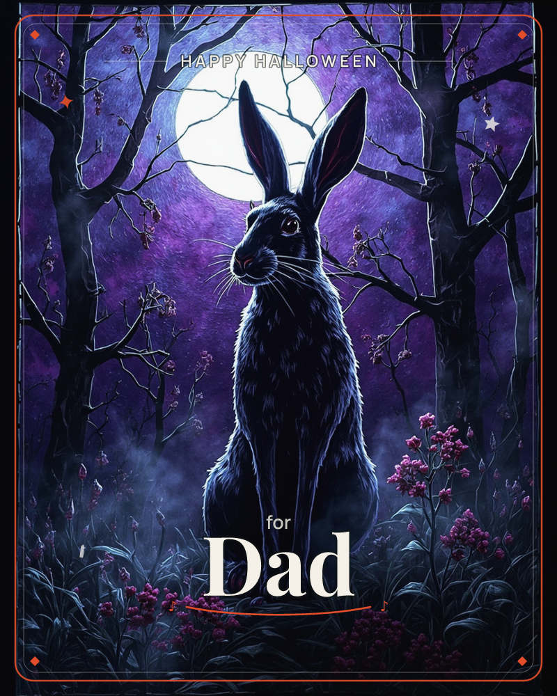 A large hare sits upright in a misty woodland clearing, silhouetted against a huge full moon glowing through purple night sky, a halloween e-card design
