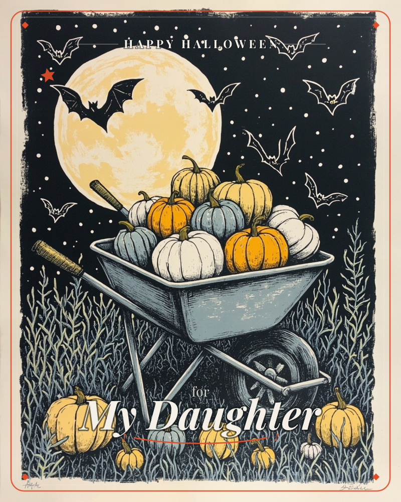 A wheelbarrow overflowing with pumpkins in orange, cream, and blue-grey sits in a dry autumn field under a huge pale moon, a halloween e-card design