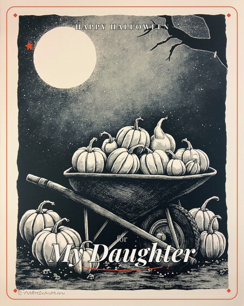 A wheelbarrow overflows with plump pumpkins beneath a full moon and a bare, gnarled branch reaching into a star-flecked night sky, a halloween e-card design