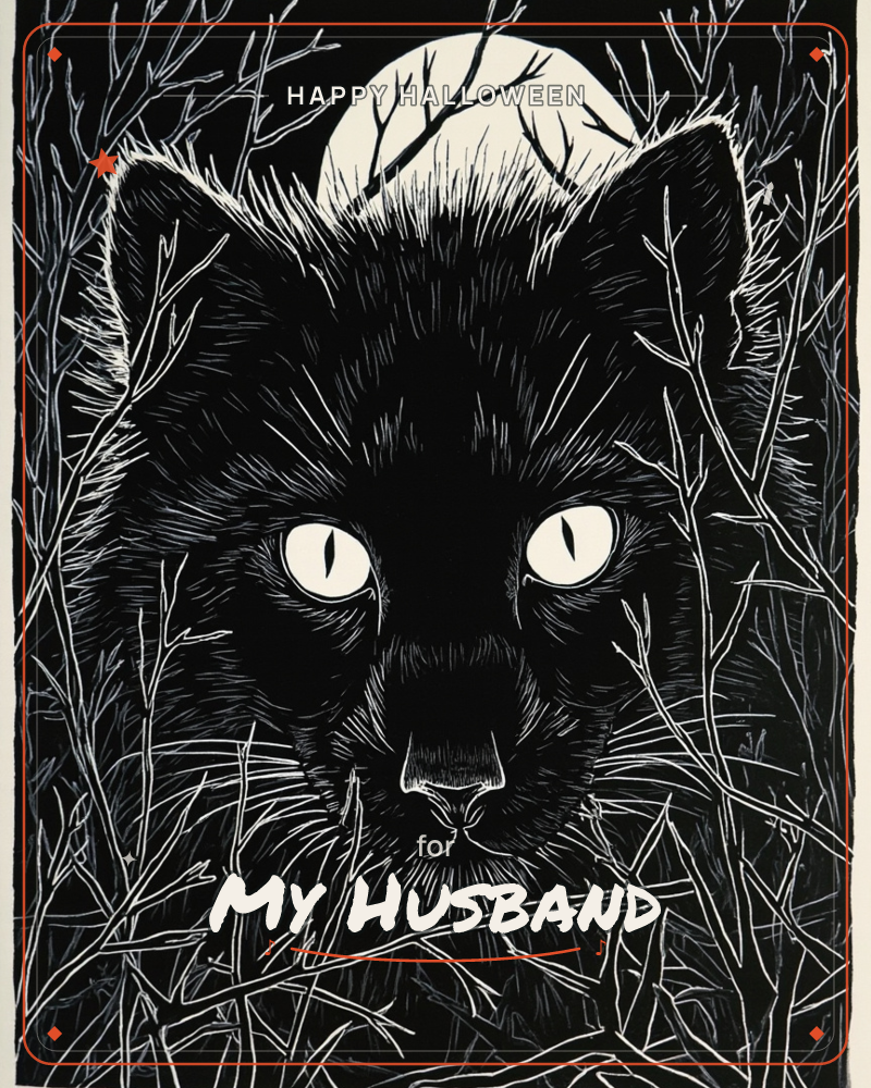 A black cat's face fills the card, its ears rising against a full moon and a tangle of bare, spiky branches, a halloween e-card design
