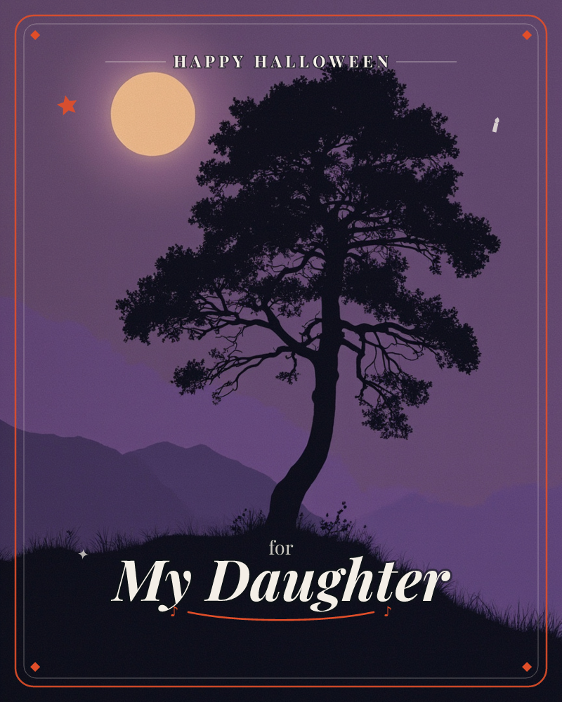 A lone tree stands silhouetted on a grassy hilltop against layered purple mountains, its branches reaching toward a glowing golden moon, a halloween e-card design