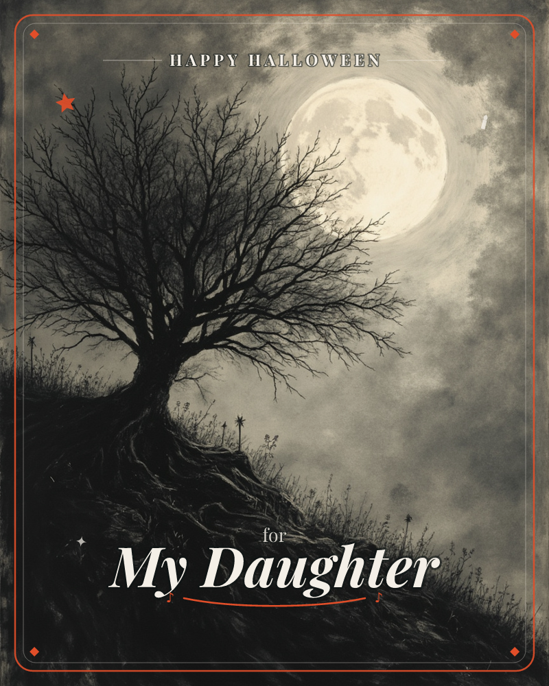 A gnarled, leafless tree clings to an eroded hillside with its roots exposed and tangled through the bare earth, silhouetted against a glowing full moon, a halloween e-card design
