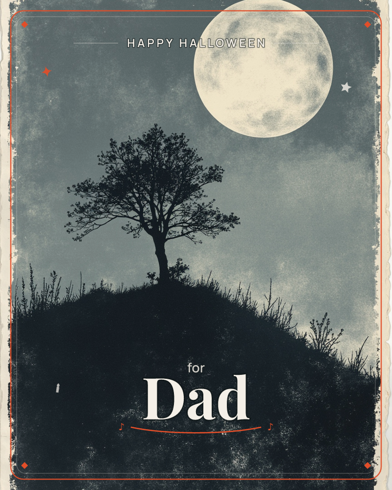 A lone tree stands silhouetted atop a grassy hill beneath a large, luminous full moon, a halloween e-card design