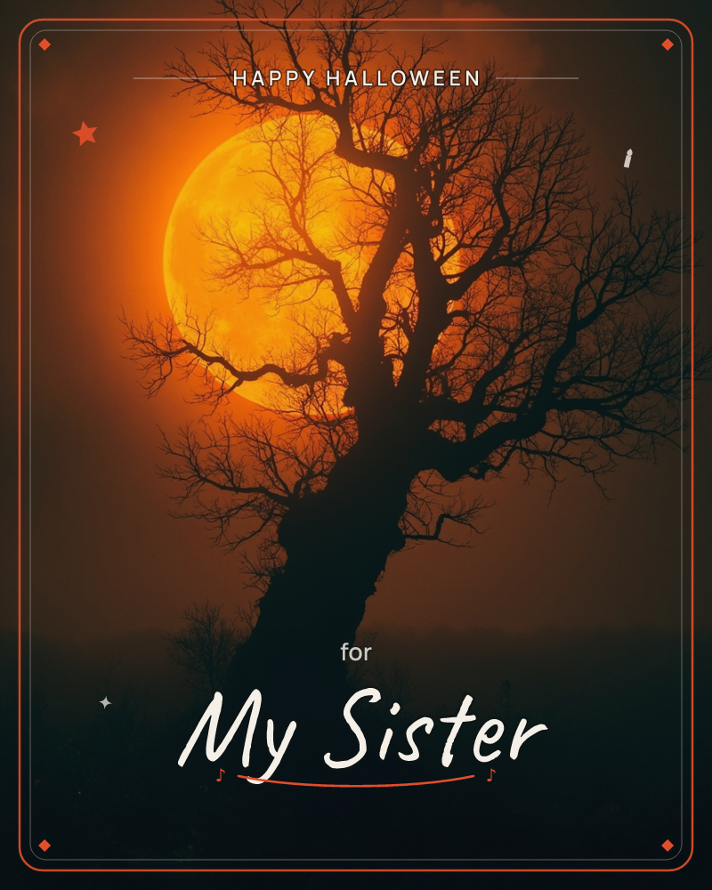 A gnarled, leafless tree stands in silhouette against a huge glowing orange moon, its bare branches spreading like cracks across the fiery disc, a halloween e-card design