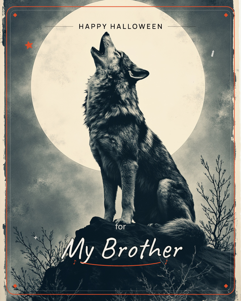 A wolf sits atop a rocky outcrop, head tilted back in a howl against a huge pale moon that fills the sky behind it, a halloween e-card design