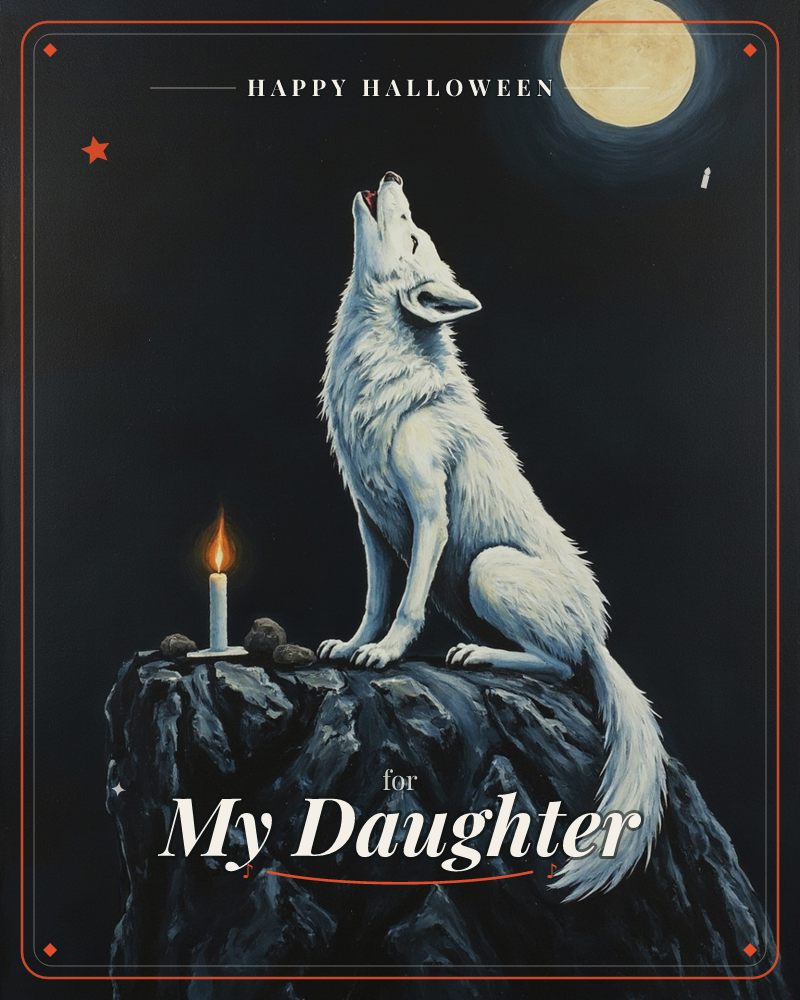 A white wolf sits atop a jagged dark rock, head thrown back in a howl toward a glowing full moon, a halloween e-card design
