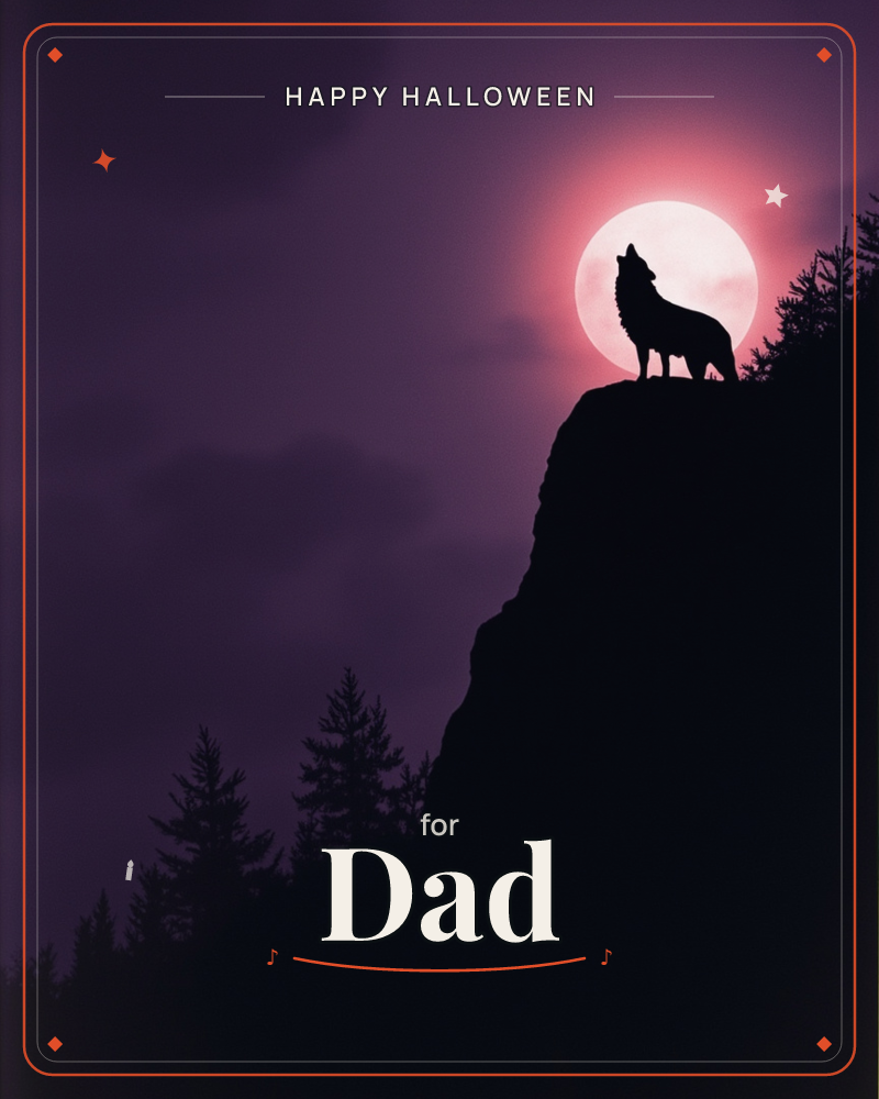 A wolf stands silhouetted on a rocky cliff edge, head tilted back in a howl toward a huge glowing full moon behind it, a halloween e-card design