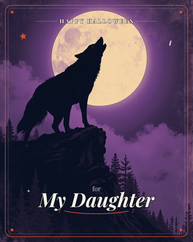 A wolf stands in black silhouette atop a jagged cliff, head tilted back in a howl toward an enormous pale moon, a halloween e-card design