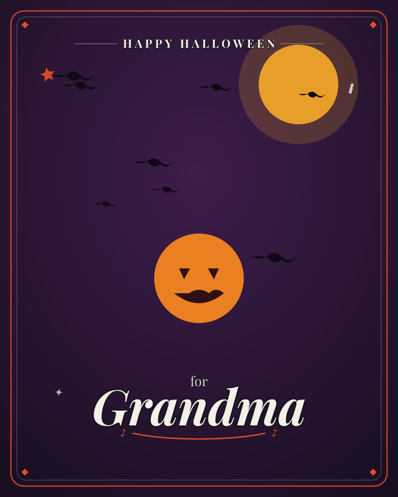 A deep purple night sky glows around a golden full moon in the upper corner, while a simple orange jack-o'-lantern face grins below with triangle eyes…, a halloween e-card design by @DittyCityTeam