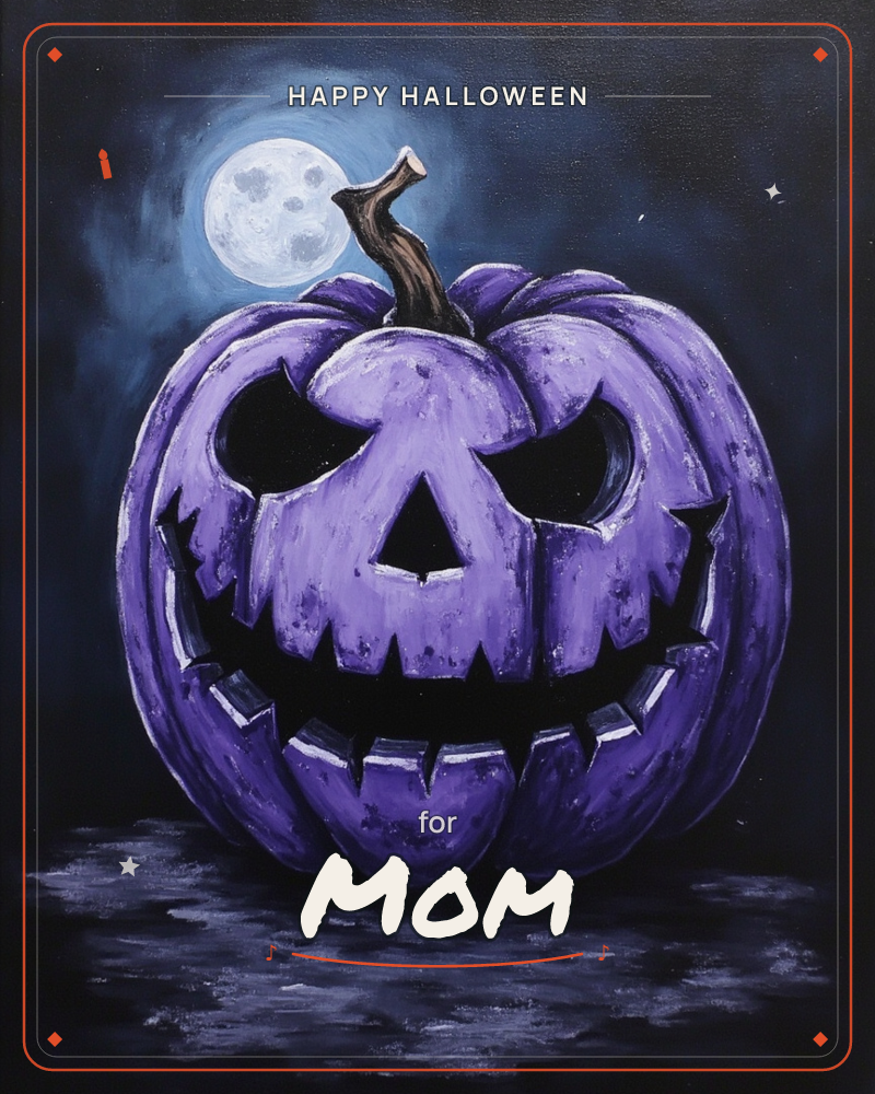 A grinning jack-o'-lantern carved with jagged eyes and teeth looms large against a hazy night sky, painted in shades of purple with a pale full moon…, a halloween e-card design
