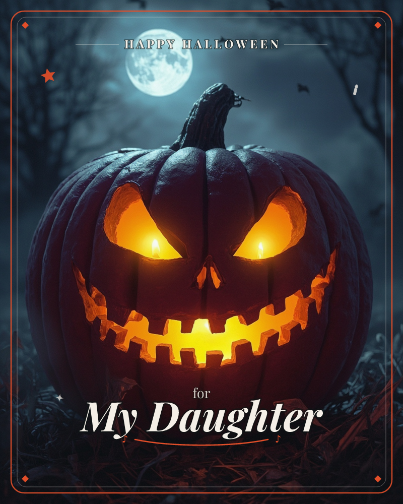 A carved jack-o'-lantern grins from a bed of dead leaves beneath a full moon and skeletal trees, its jagged eyes and teeth glowing amber from…, a halloween e-card design