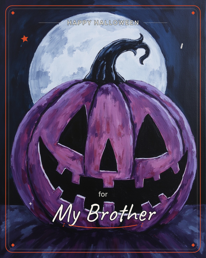 A grinning jack-o'-lantern painted in shades of purple and violet sits silhouetted against a huge glowing full moon, its carved eyes and jagged teeth…, a halloween e-card design