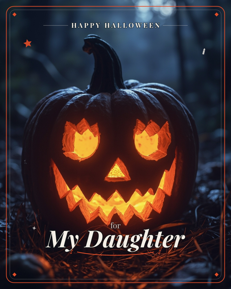 A carved jack-o'-lantern glows from within, its jagged grin and slanted eyes lit up bright orange against a shadowy forest floor at dusk, a halloween e-card design