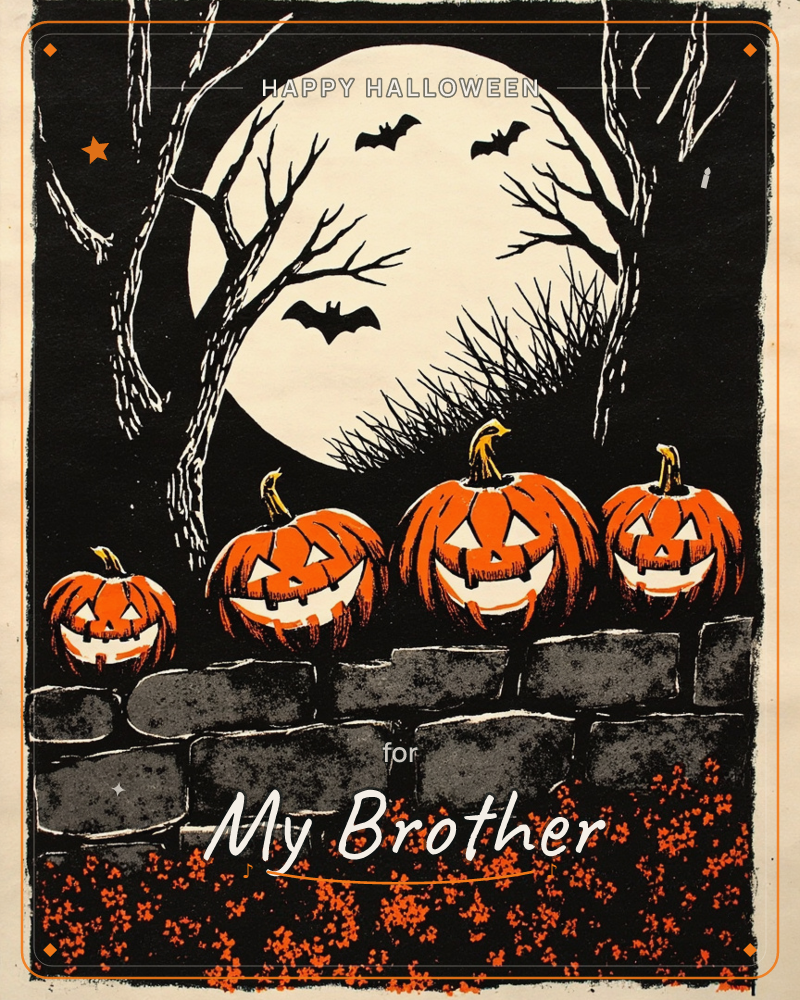 Four carved jack-o'-lanterns of varying sizes sit atop a grey stone wall at night, their triangle eyes and jagged grins glowing pale against bright…, a halloween e-card design