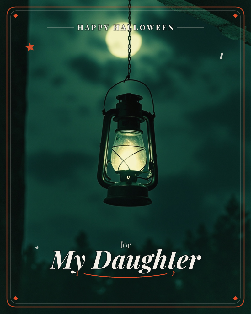 An old-fashioned lantern hangs from a chain against a moody night sky, its glass panes glowing warm against the cool teal darkness, a halloween e-card design