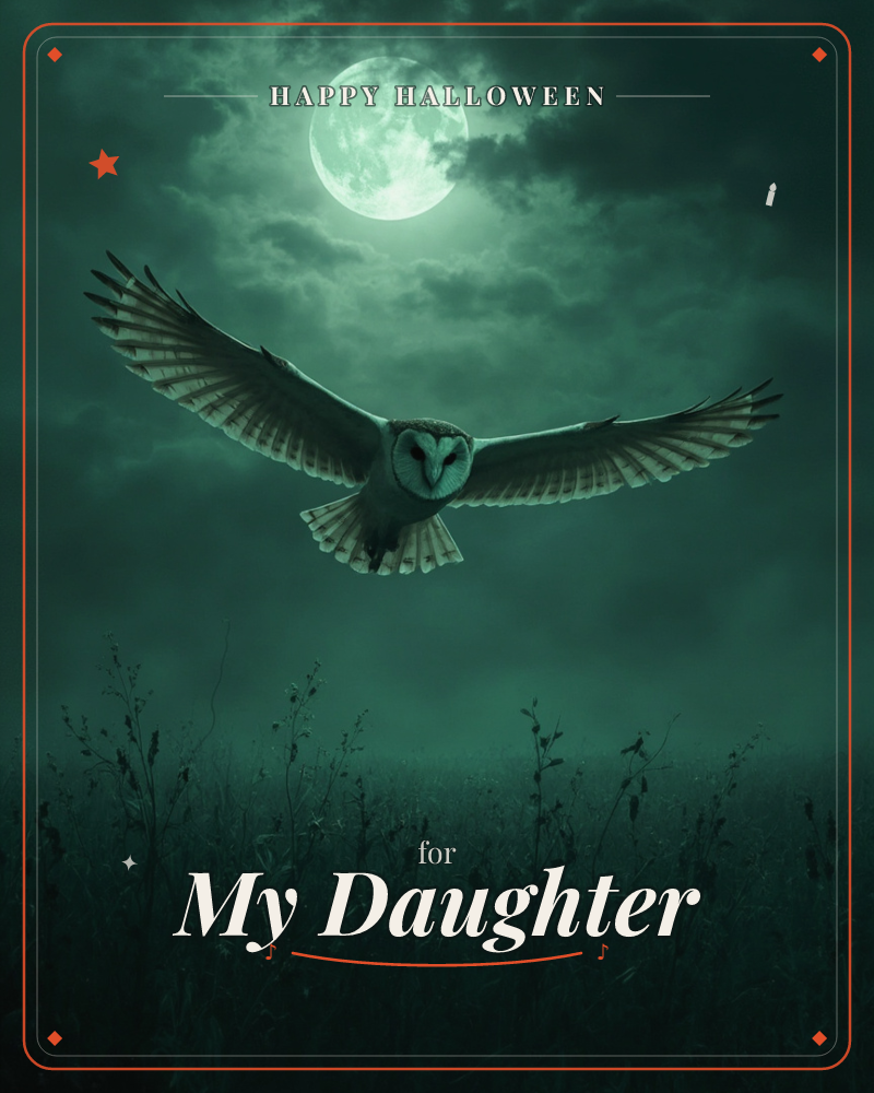 A barn owl glides low over a moonlit field, wings spread wide against a glowing full moon veiled in drifting clouds, a halloween e-card design
