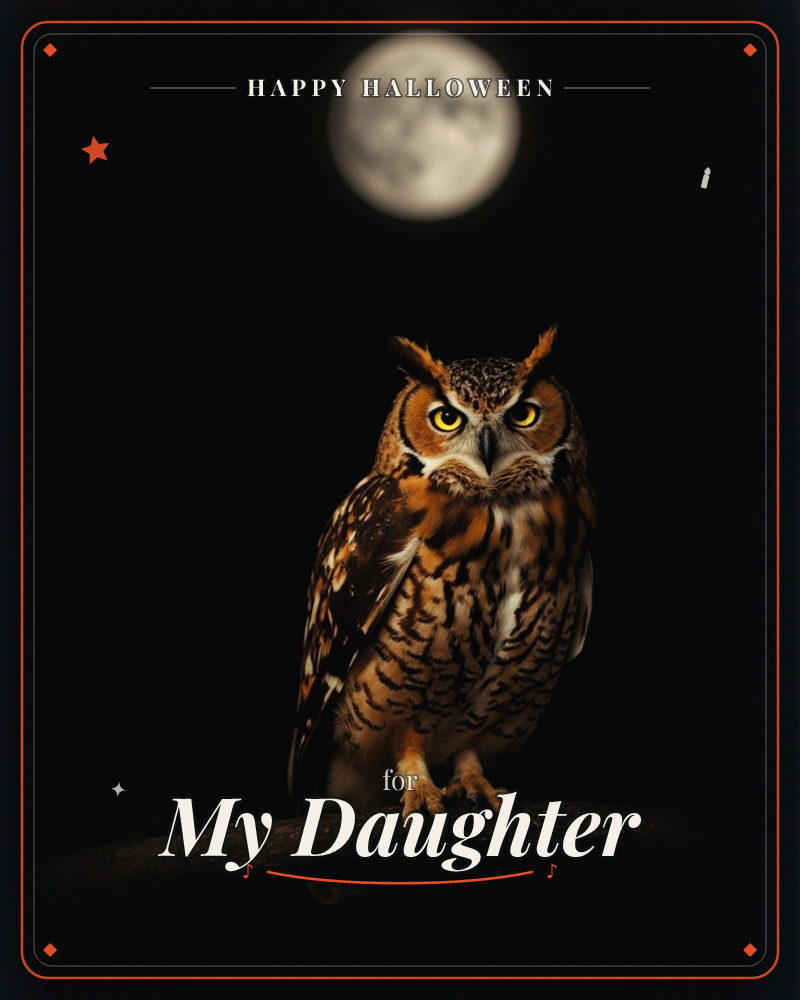 A great horned owl perches on a dark branch against pure black night, its amber and brown feathers lit as if by a spotlight, ear tufts raised and…, a halloween e-card design