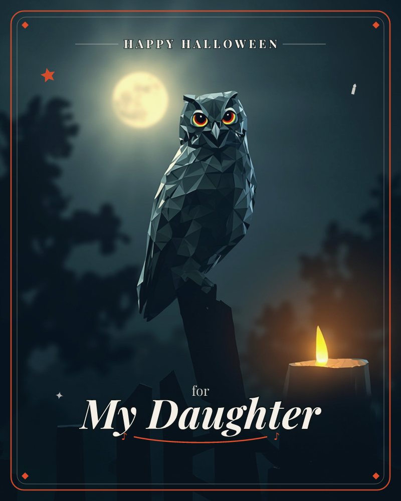A low-poly owl with glowing orange eyes perches on a dark post beneath a hazy full moon, a halloween e-card design