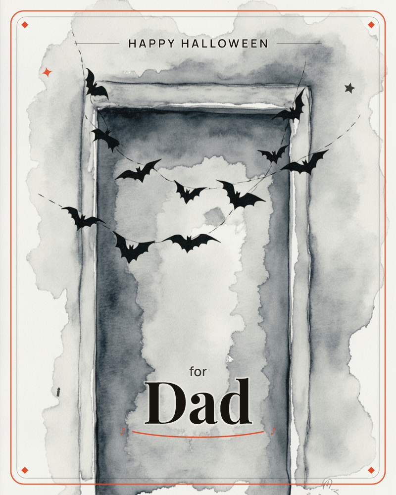 A shadowy doorway rendered in loose grey watercolour washes fills the page, its frame softened by bleeding edges of ink, a halloween e-card design