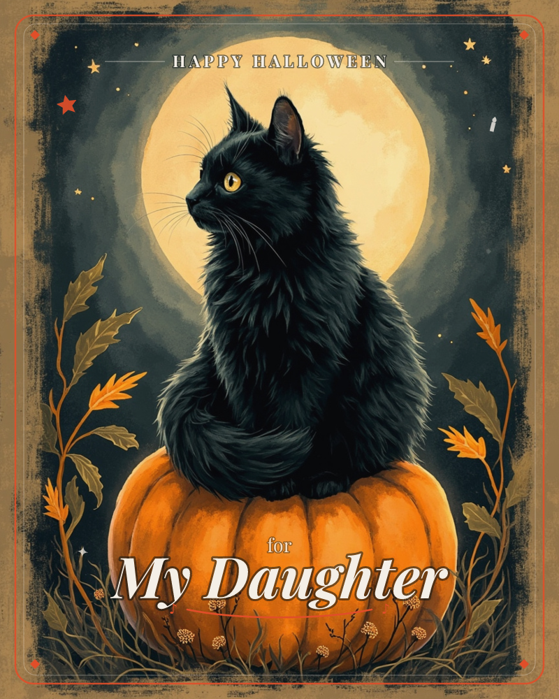 A black cat with glowing amber eyes sits perched atop a plump orange pumpkin, silhouetted against a huge glowing moon, a halloween e-card design