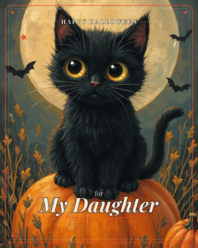 A wide-eyed black kitten with glowing amber eyes sits perched on a plump orange pumpkin, silhouetted against a huge pale moon, a halloween e-card design