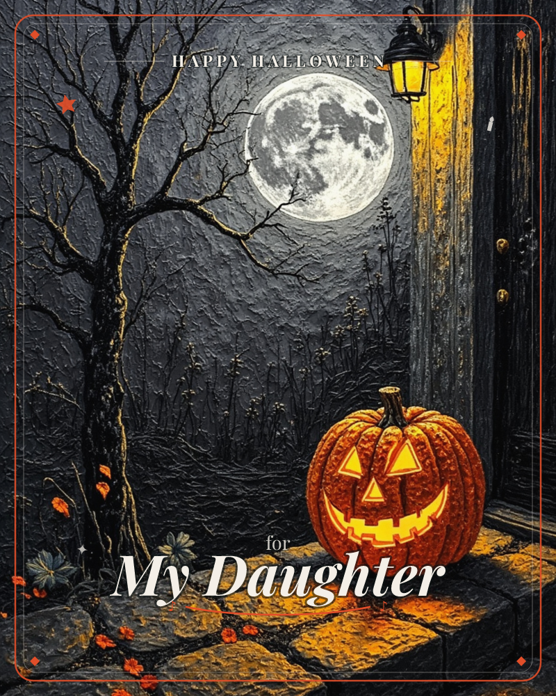 A glowing jack-o'-lantern sits on a stone doorstep beside a weathered wooden door, its lantern casting a warm amber light against the night, a halloween e-card design